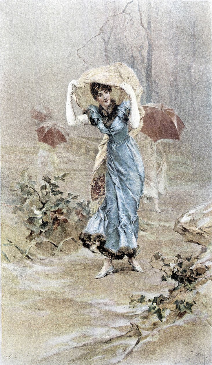 雨から身を守る女性 - 初秋の寓意、カレンダー 絵：Hubert Dys、絵：F.H. Kaemmerer 作： フレデリック・ヘンドリック・ケメラー