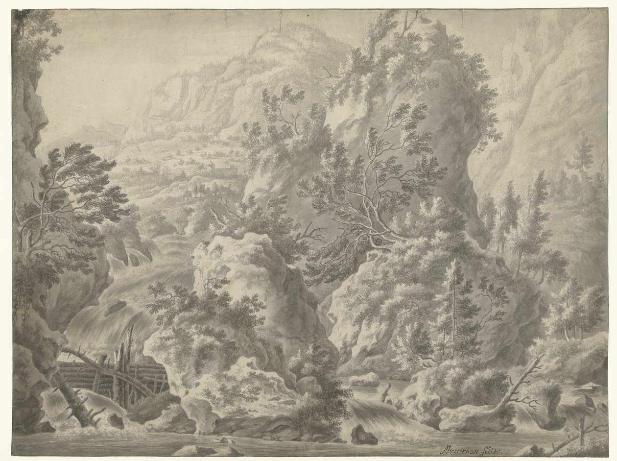 滝のある山の風景 作： フレデリック・デ・ムシェロン