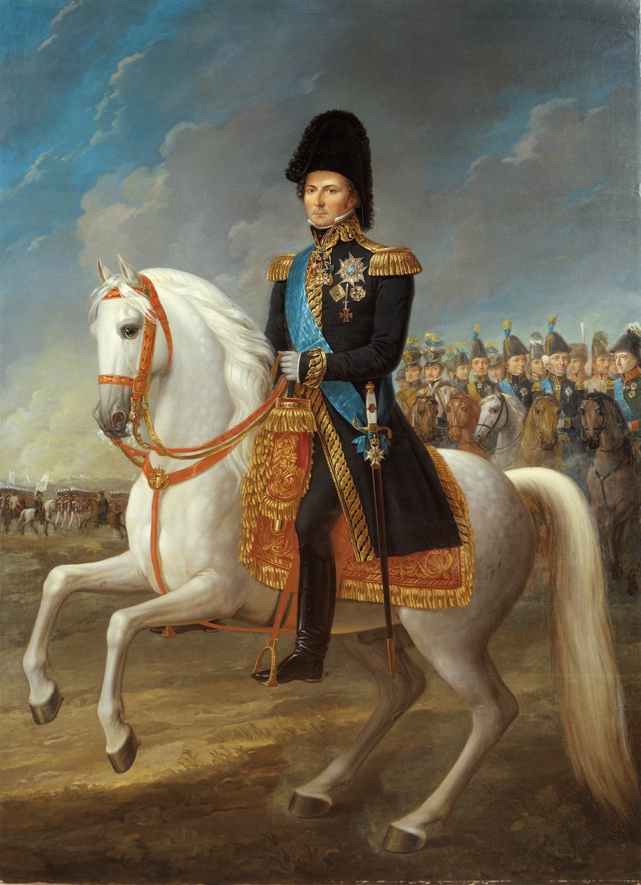 スウェーデンとノルウェーの王であるカール14世ヨハン（1763-1844）が皇太子としてライプツィヒ1813に入る 作： フレドリックウェスティン