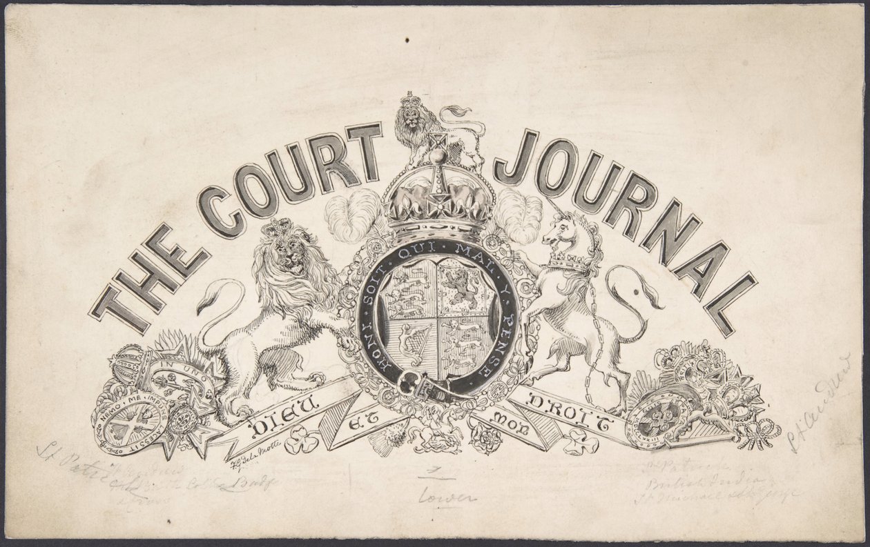 The Court Journal のタイトル ページのデザイン、1830 年から 62 年。 作： フリーマンゲージデラモット