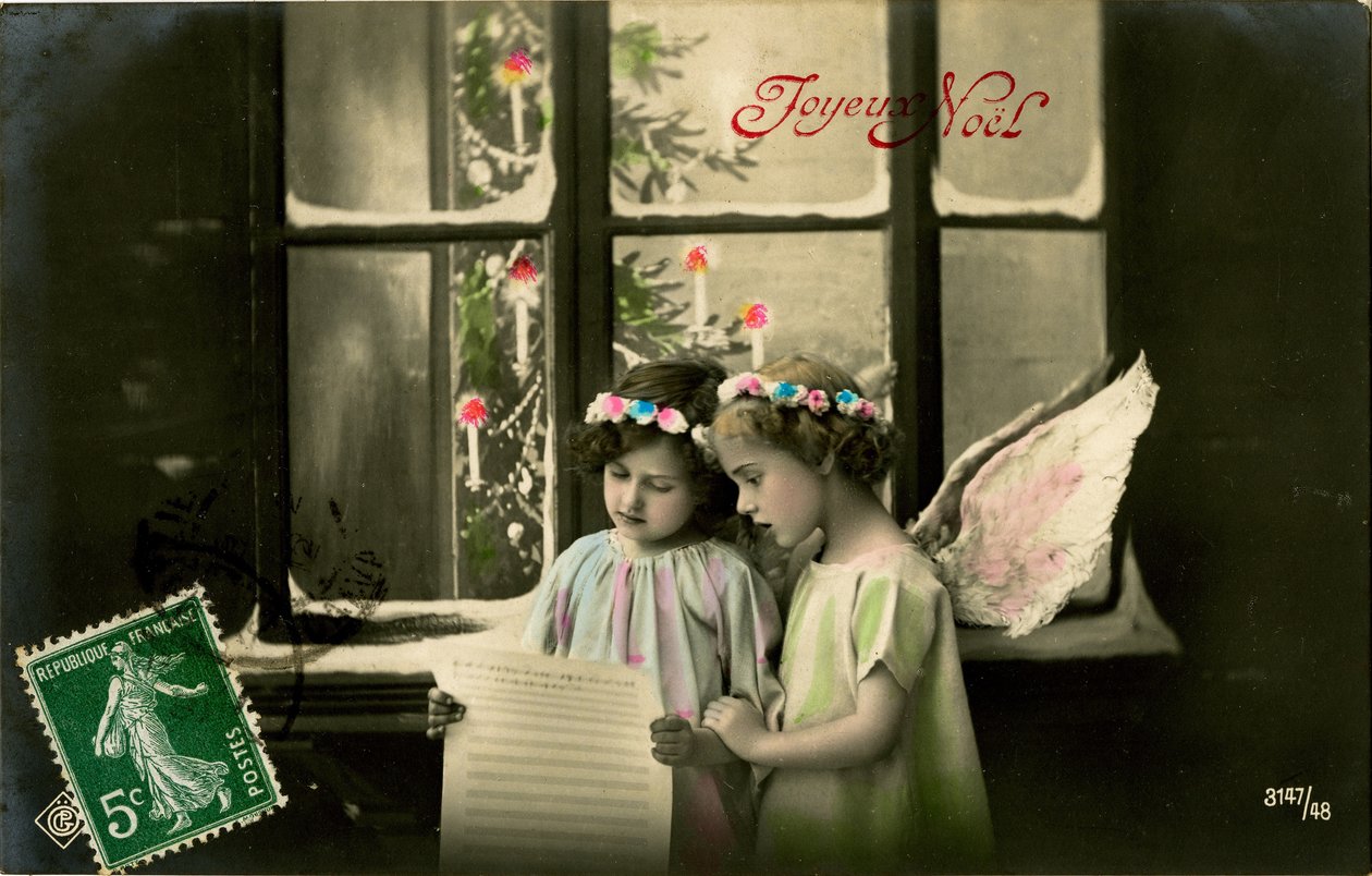 天使のような女の子、フランスのクリスマスカード（色付き写真） 作： フランスの写真家