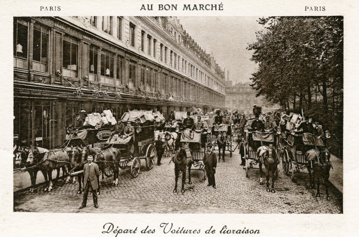 1890年頃、パリのボンマルシェデパートからの配達用バンの出発 作： フランスの写真家