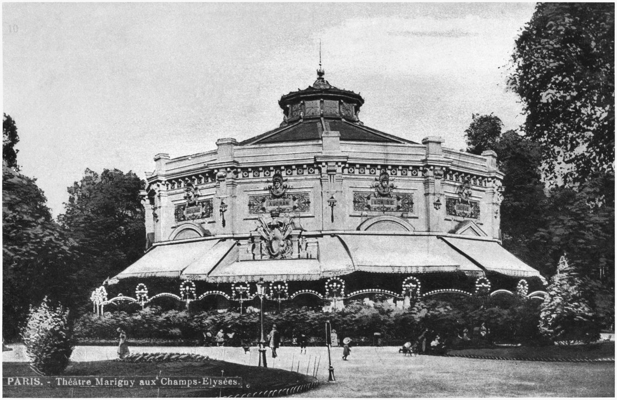 1914年以前のパリ、シャンゼリゼ、マリニー劇場を描いたポストカード 作： フランスの写真家