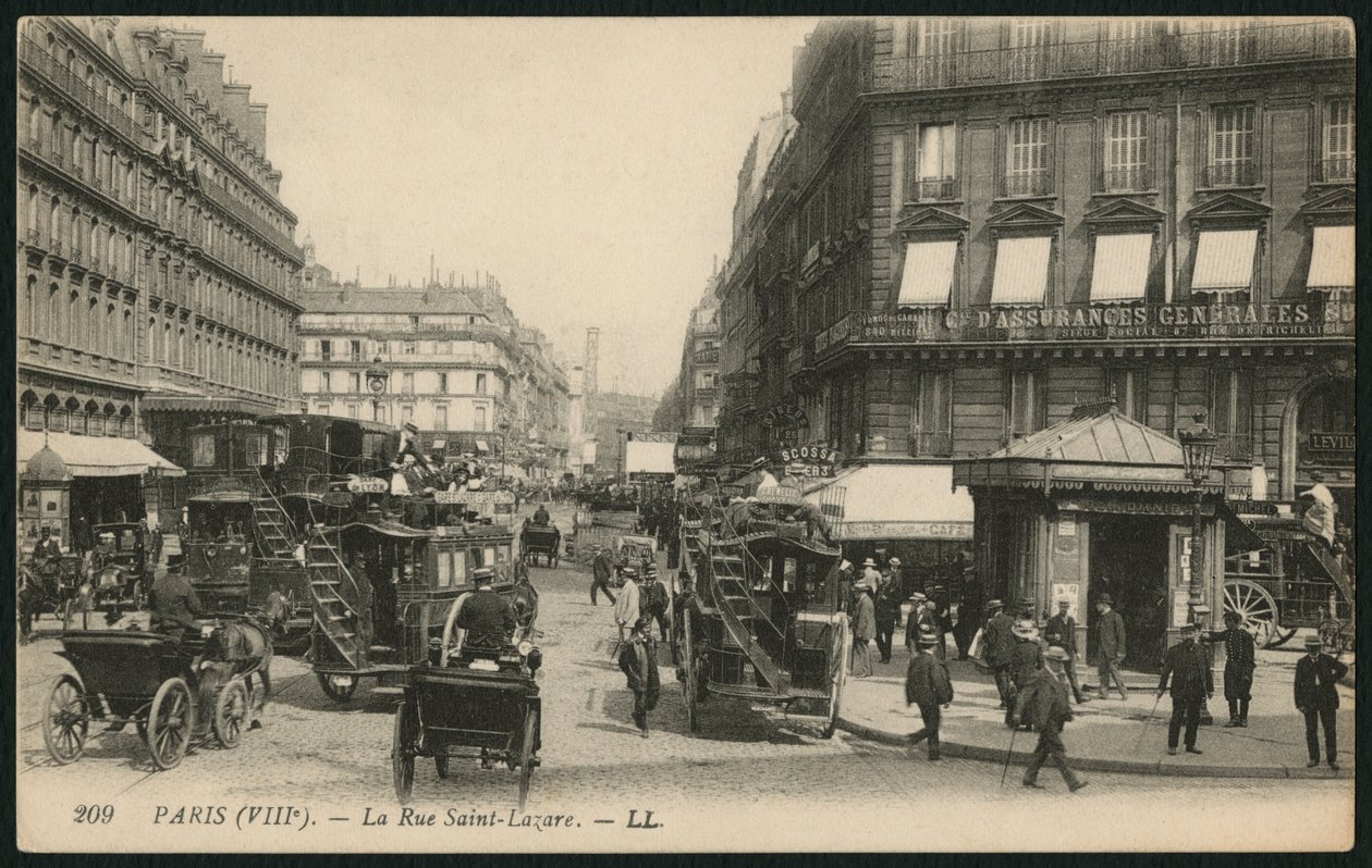 パリのサンラザール通りを描いたポストカード、1900年頃（フォトリソ） 作： フランスの写真家