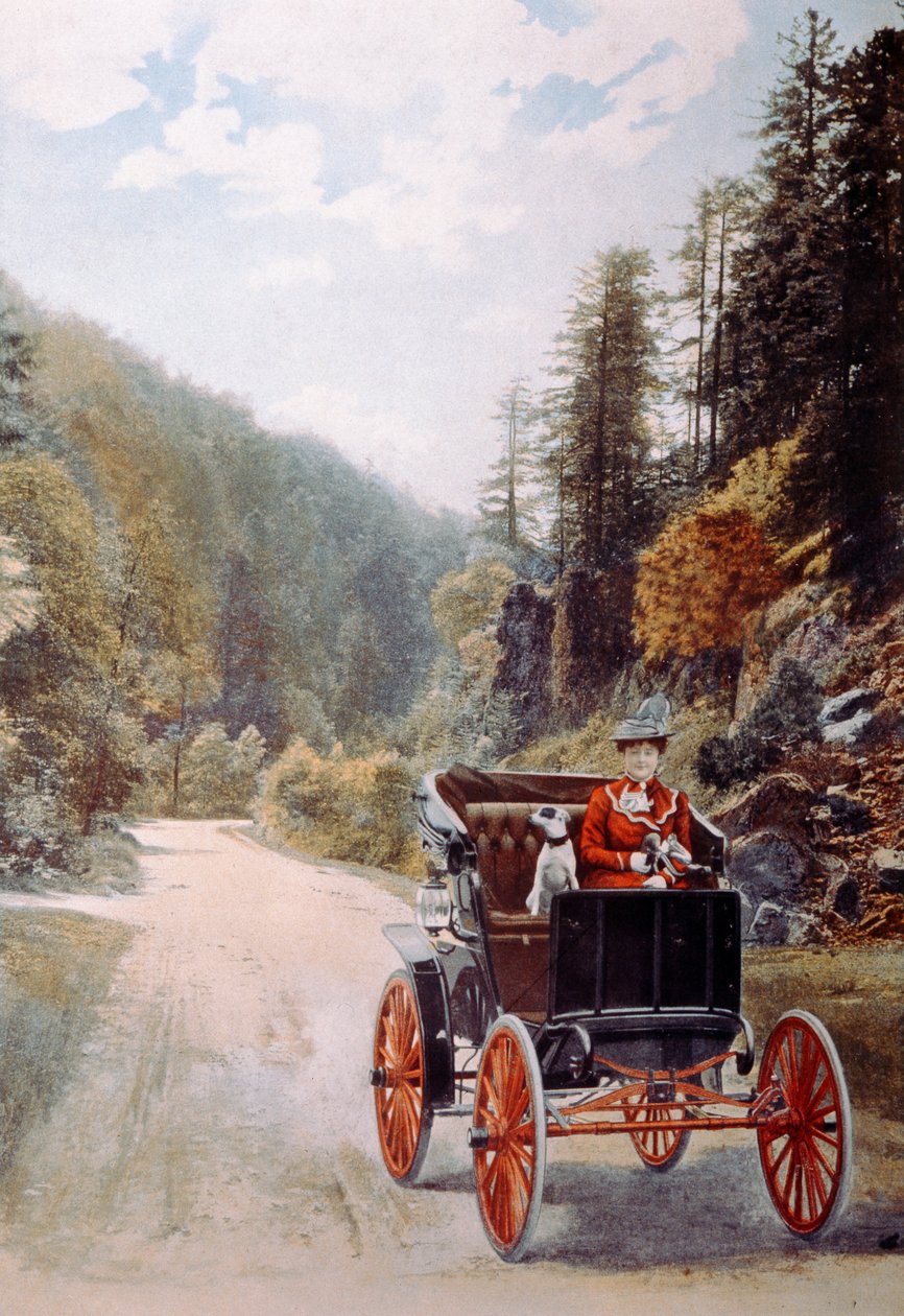 初期の自動車で犬と一緒に座っている笑顔の女性ドライバーを描いた絵葉書、c.1910 作： フランスの写真家