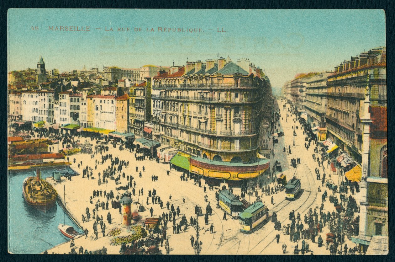 フランス、マルセイユのレピュブリック通りを描いたポストカード、1920年頃（カラー写真） 作： フランスの写真家