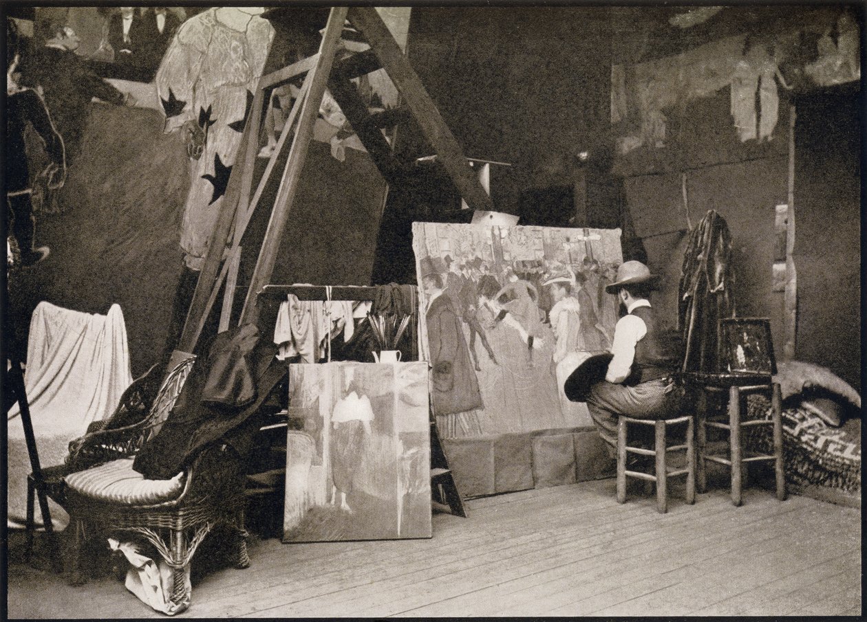 1938年に公開されたGerstle Mackの「Toulouse-Lautrec」から、コーランクール通りのスタジオにあるトゥールーズロートレック 作： フランスの写真家