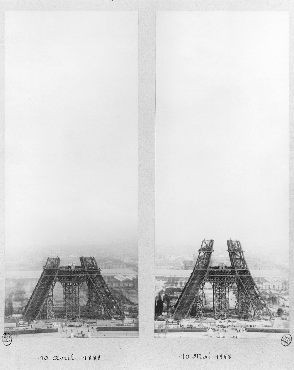 1888年4月10日と5月10日のパリ、エッフェル塔の建設の2つのビュー 作： フランスの写真家