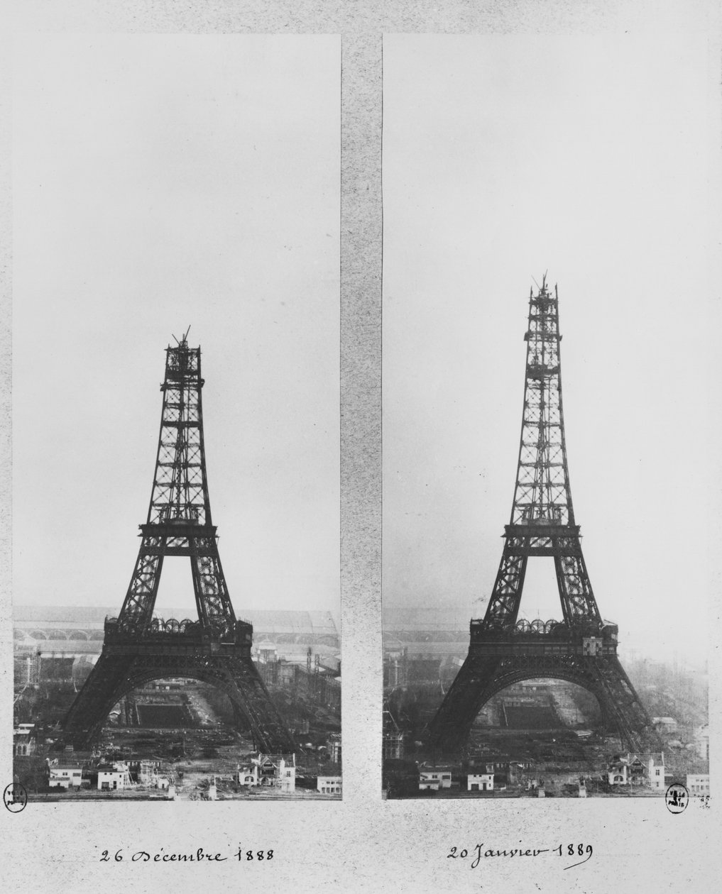 1888年12月26日と1889年1月20日、パリのエッフェル塔の建設に関する2つの見方 作： フランスの写真家