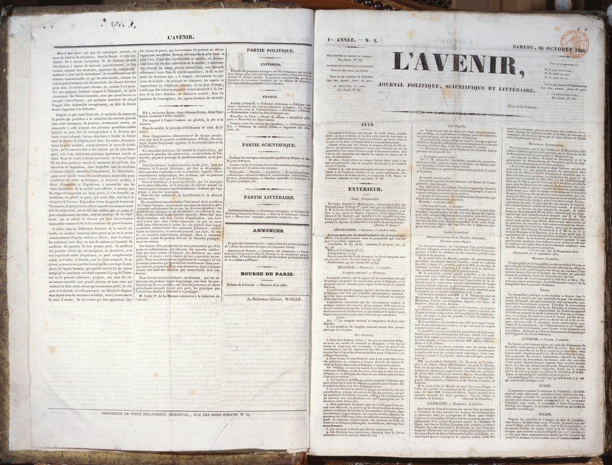 ジャーナルLAvenirの最初の発行、1830年11月16日（印刷された紙） 作： フランス語学校