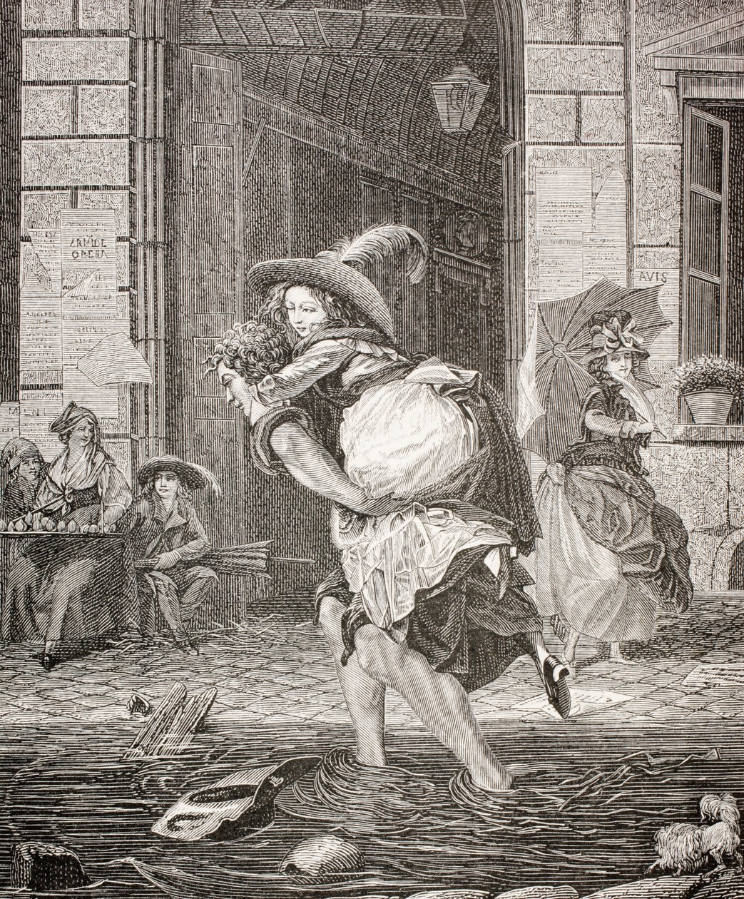 18世紀のパリ、1875年の雨の日に通りを渡って女性を運んでいる空母 作： フランス語学校
