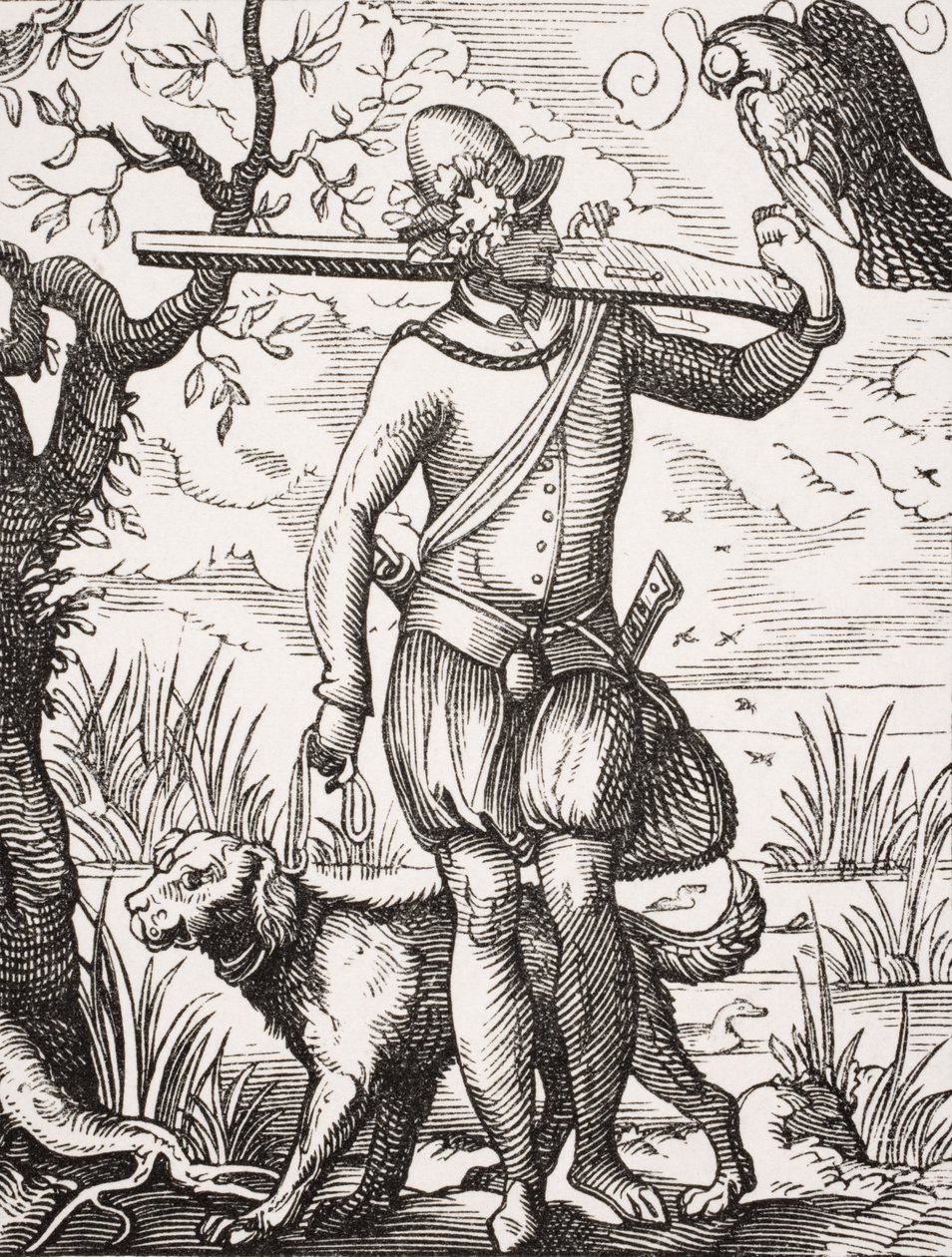 ポールラクロワ（1806-84）による「ルモヤンエイジエラルネッサンス」からのヨーストアンマン（1539-91）の彫刻の後、1847年に出版されたドイツの鷹匠 作： フランス語学校