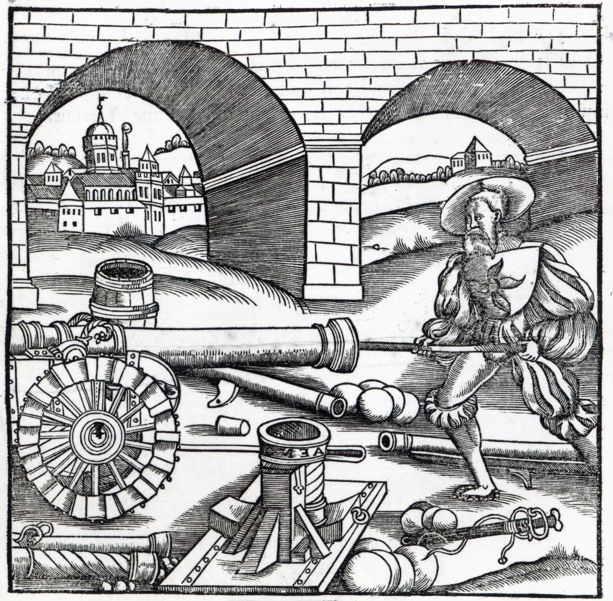 大砲を装填した男、フラビウスルナトゥスの「De Re Militari」のイラスト（fl.390）、Christian Wechel、パリ、1532年 作： フランス語学校
