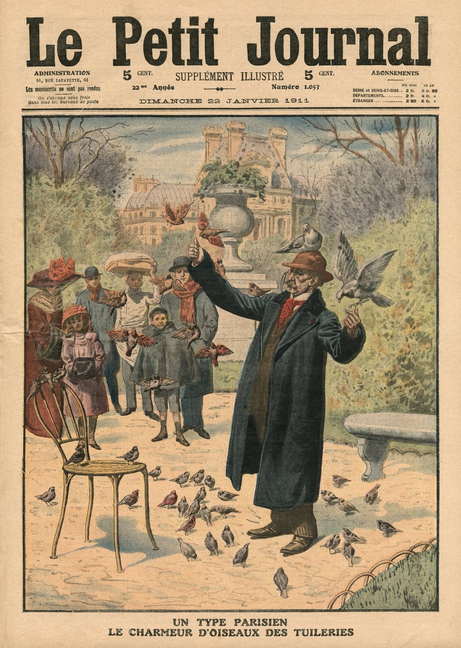 パリのタイプ、チュイルリーの鳥の魅力、「Le Petit Journal」のイラスト、補足イラストレーター、1911年1月22日 作： フランス語学校
