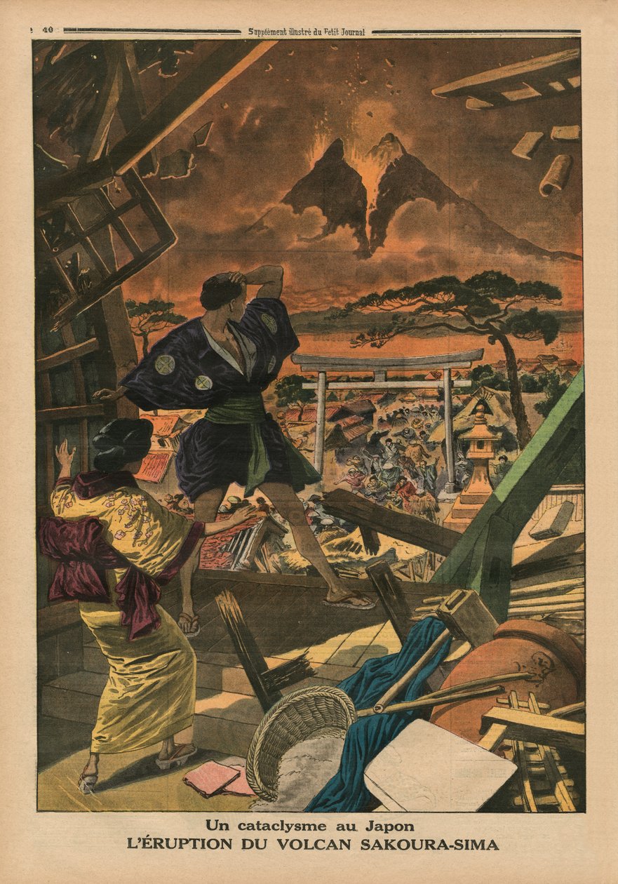 日本の大変動、桜島火山の噴火、「ルプチジャーナル」の裏表紙イラスト、サプリメントイラスト、1914年2月1日 作： フランス語学校