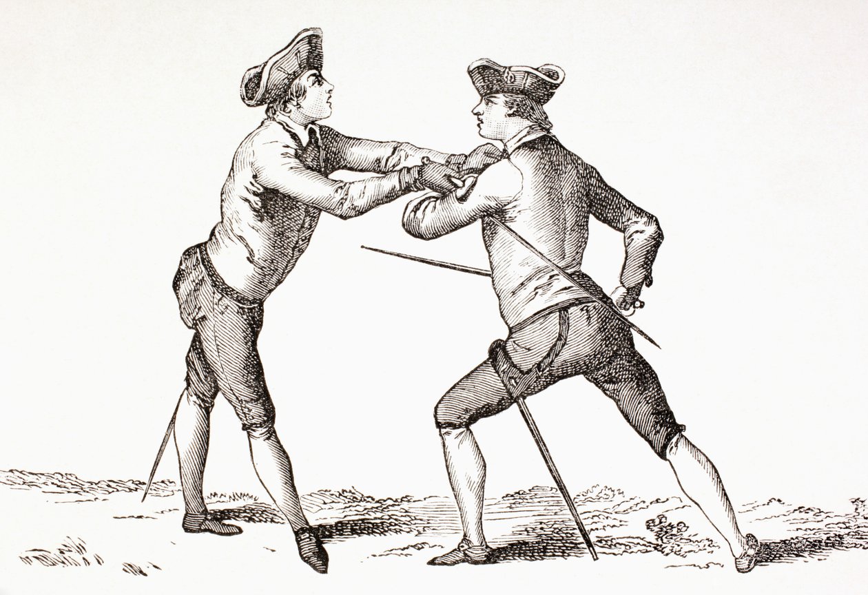 1875年に出版された「XVIII Siecle Institutions、Usages et Costumes」から、対戦相手を武装解除し、突っ込む準備ができている剣士 作： フランス語学校