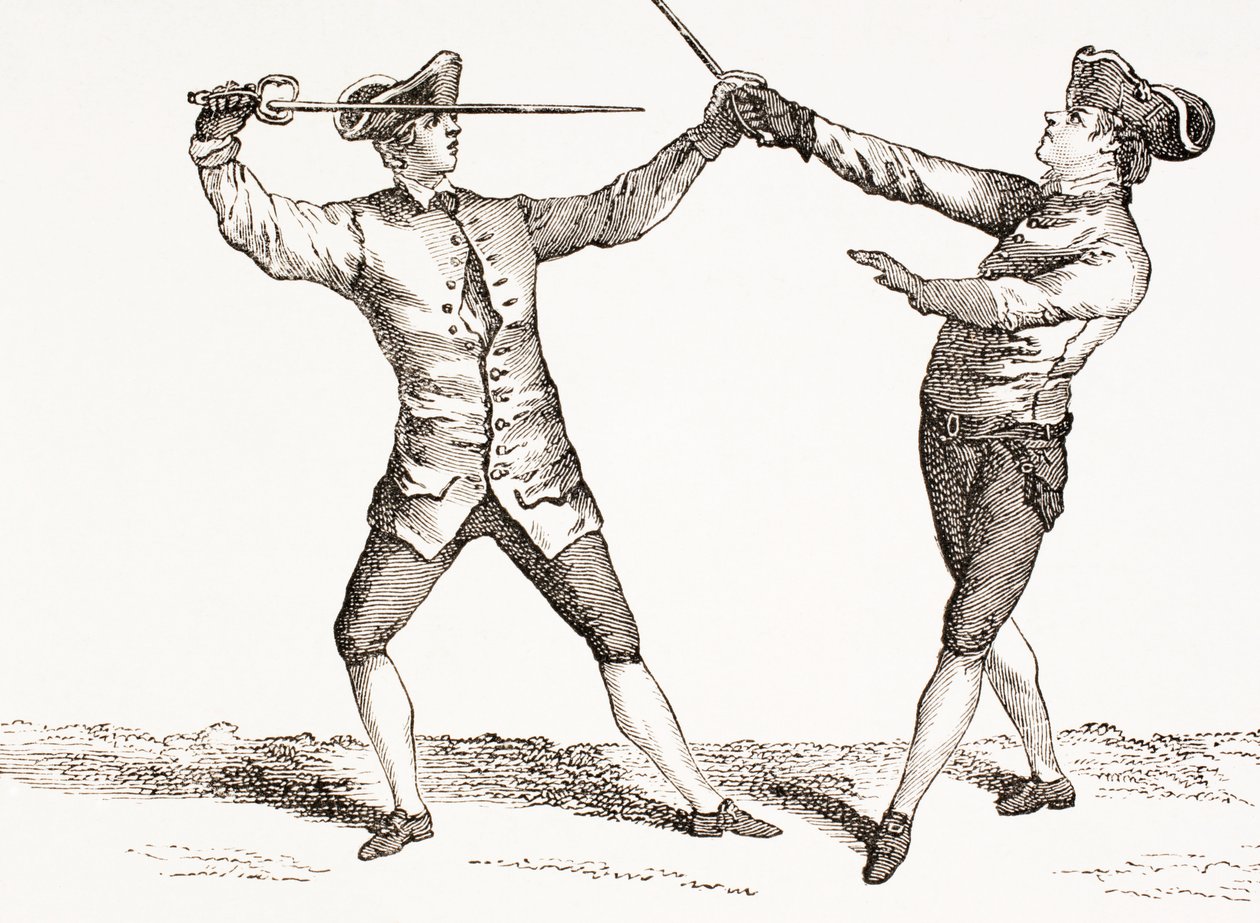 1875年に出版された「XVIII Siecle Institutions、Usages et Costumes」から、相手の剣または剣の手を握った後に突き刺す立場にある剣士 作： フランス語学校