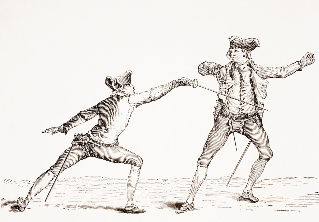 剣士は、1875年に発行された「XVIII Siecle Institutions、Usages et Costumes」から、対戦相手からの衝動を受け止めます。 作： フランス語学校