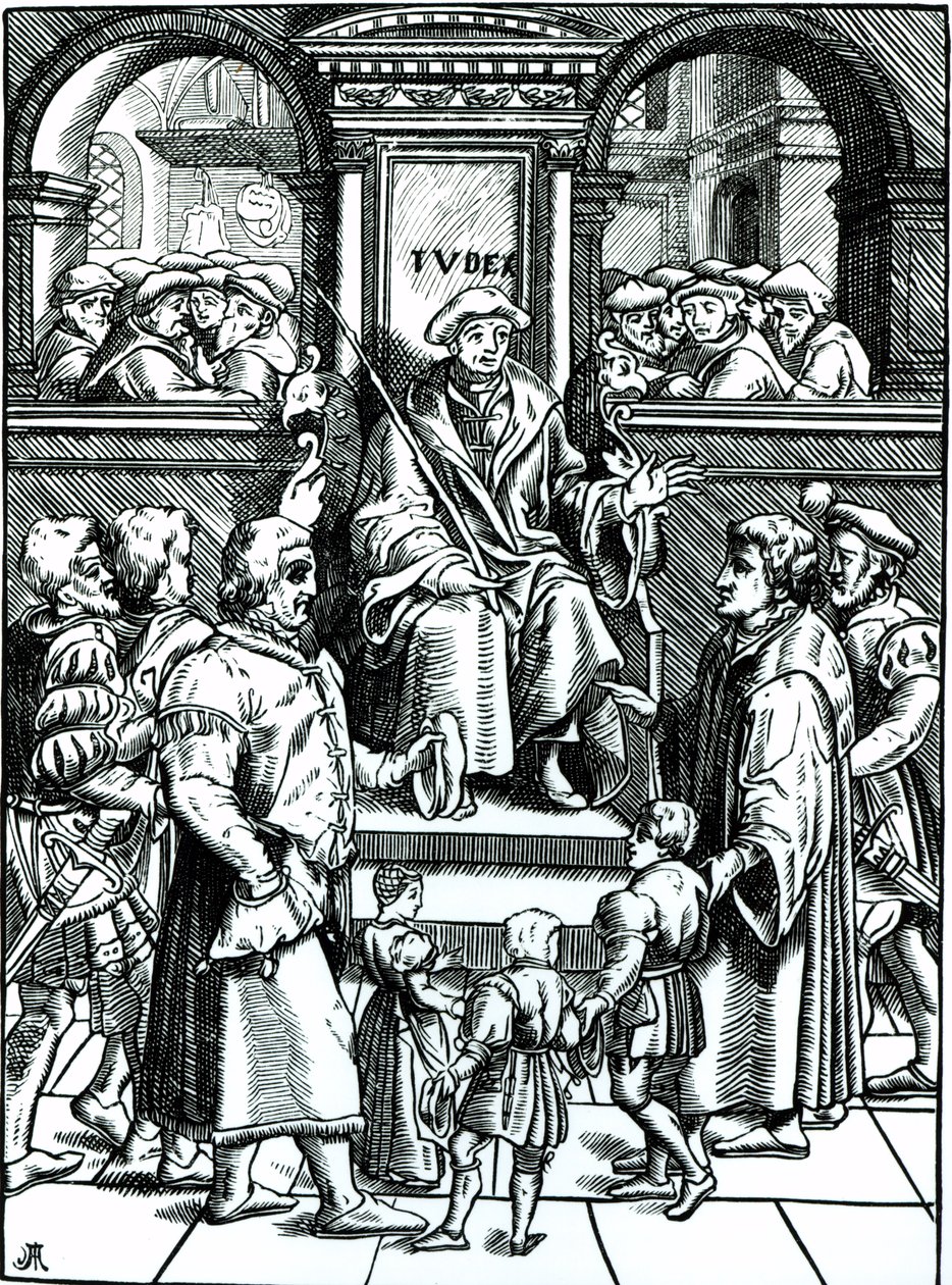 Joos de Damhouder（1507-81）による「Refuge et Garand des Pupilles、Orphelins」の木版画の後、グレートバイリウィックの下級裁判所で孤児を養子にしたことは、アントワープ、1557（ 作： フランス語学校