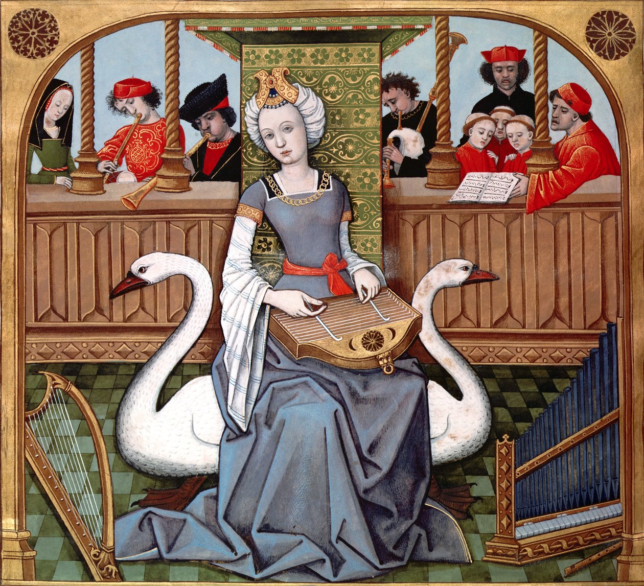 音楽の寓意、msフランセ143 fol。65v、エヴラルトドコンティの「Le Livre des Echecs Amoureux Moralement」より1500年頃c.1500 作： フランス語学校