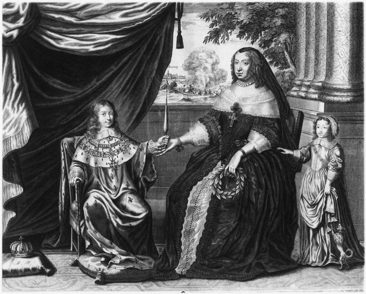 オーストリアのアン、フランスの女王とナバラ、そして彼女の息子、フランスのドーフィンルイ、未来のルイ14世、およびオルレアン公フィリップ1世（1643年） 作： フランス語学校