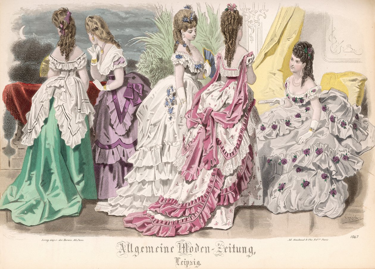 1872年、ライプチヒの「Allgemeine Moden-Zeitung」のファッションプレート、夜会服 作： フランス語学校