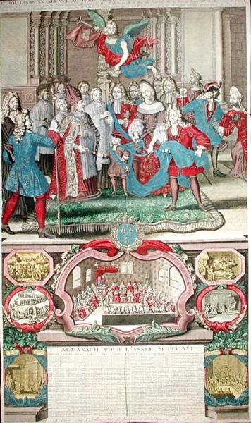 1715年9月12日、議会でルイ15世（1710-74）を議会で描いた1716年のカレンダー 作： フランス語学校