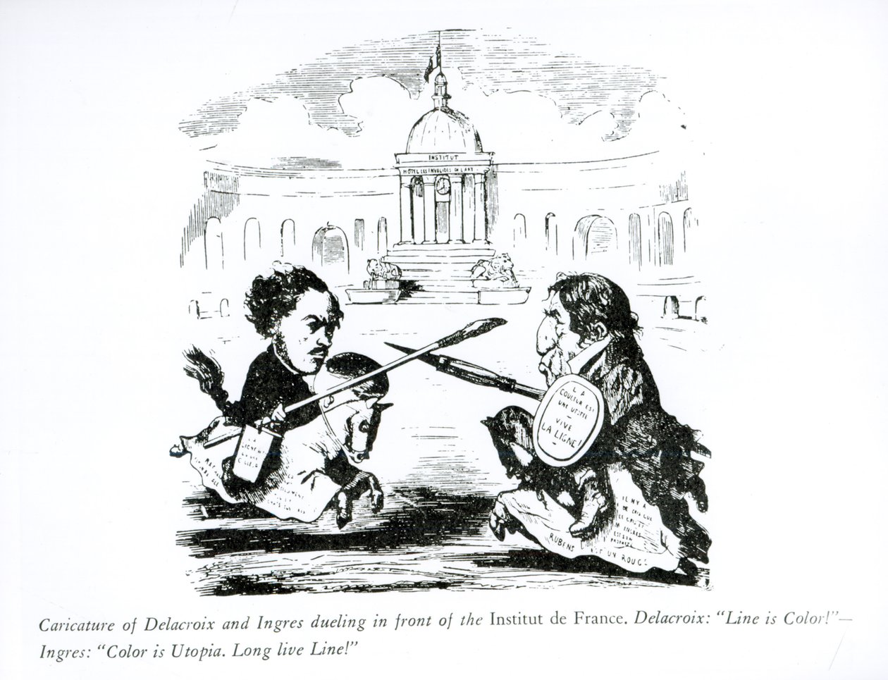 フランス国立研究所の前で決闘するドラクロワとイングレスの風刺画、c.1828 作： フランス語学校