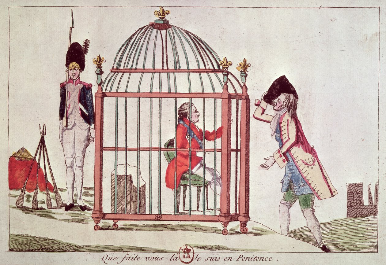 1791年のヴァレンヌでの逮捕後、檻に入れられたルイ16世の似顔絵（1754-93） 作： フランス語学校