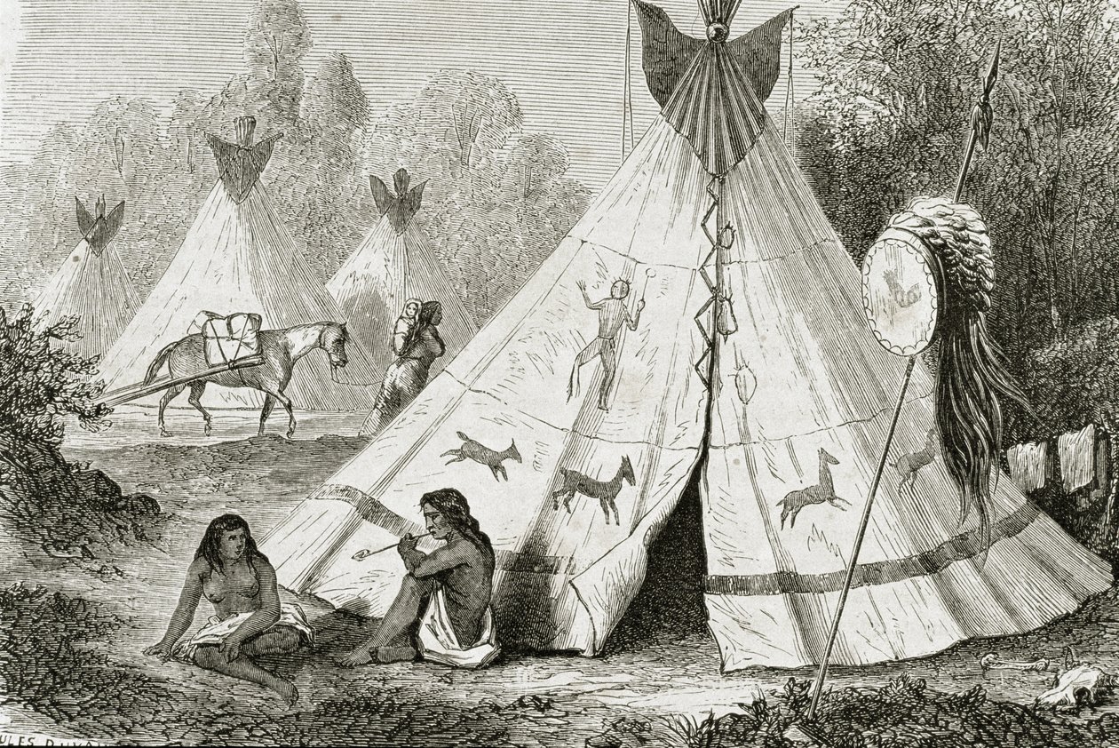 1850年代にパリで出版された「ルトゥールデュモンド」からの1850年代のコマンチインディアンキャンプ 作： フランス語学校