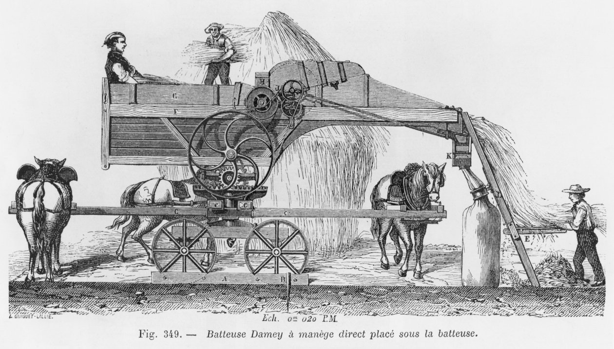 回転システムを備えたDamey脱穀機、EO Lamiによる「Dictionnaire de l&39;Industrie」のイラスト、1850年頃 作： フランス語学校