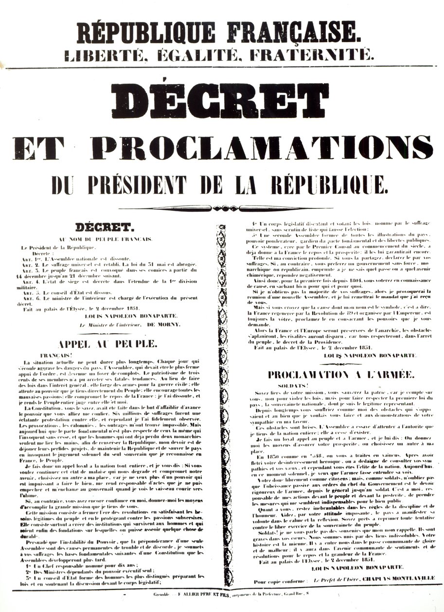 1851年12月2日、共和国大統領、ルイナポレオンボナパルトIII（1808-73）による布告および布告 作： フランス語学校