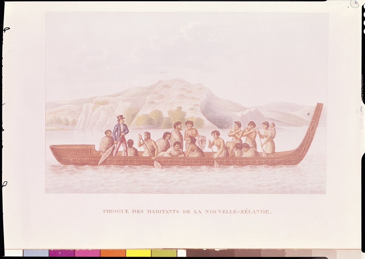 ニュージーランドの原住民が操縦するダグアウトカヌー、ルイスイシドールデュペリー（1786-1865）による「コルベットラコキールの世界一周航海」のイラスト 作： フランス語学校