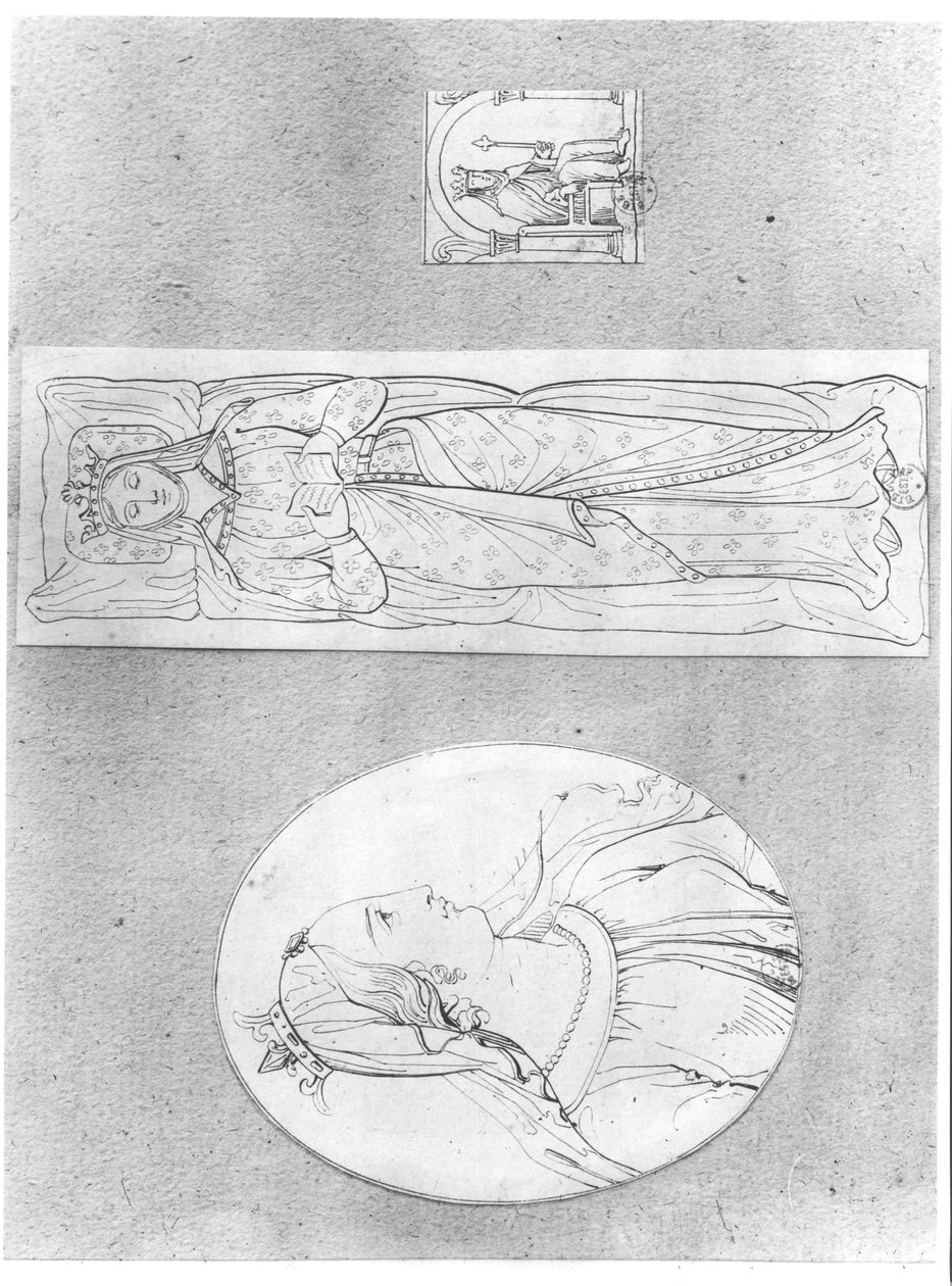 アキテーヌのエレノア（c.1122-1204）：横顔、横臥、および彼女の玉座の肖像（155489および158140も参照） 作： フランス語学校