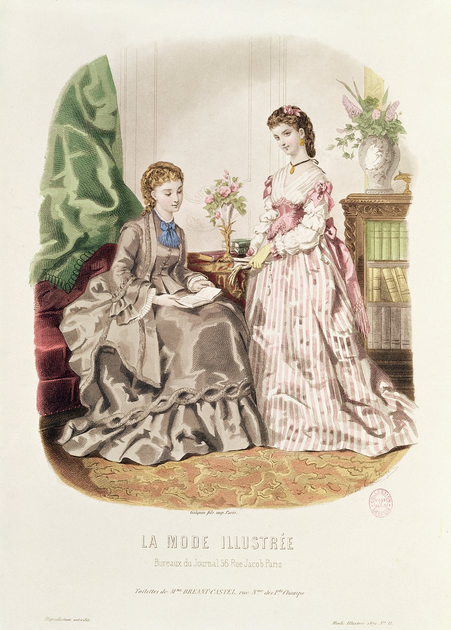 1872年の「La Mode Illustree」のイラストを基にした、ガウンのファッションプレート 作： フランス語学校