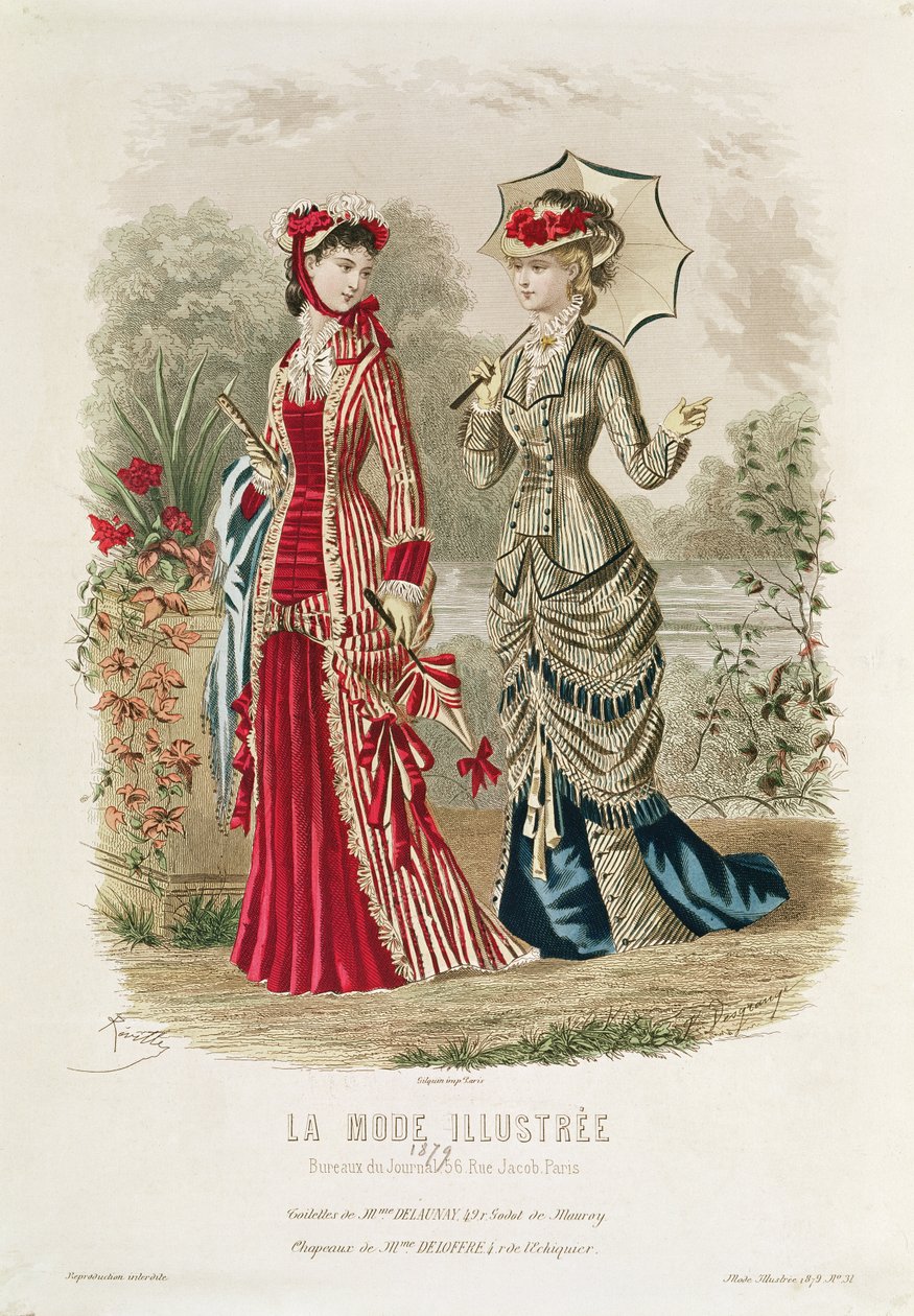 帽子とドレスを示すファッションプレート、「La Mode Ilustree」からのイラスト、1879 作： フランス語学校