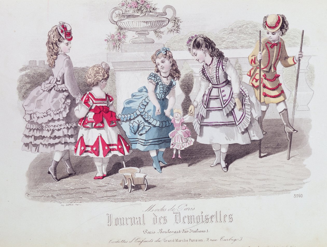 &39;Journal des Demoiselles&39;からの女の子向けファッション、パリ、デュピュイ出版、1871年（カラー彫刻） 作： フランス語学校
