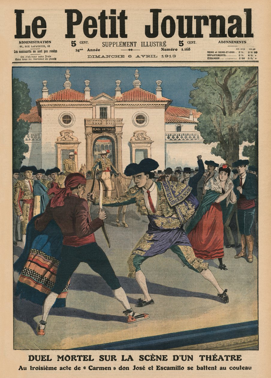 1913年4月6日、「ルプチジャーナル」の表紙イラスト、オペラ「カルメン」の第3幕のスペイン劇場の舞台での致命的な決闘 作： フランス語学校