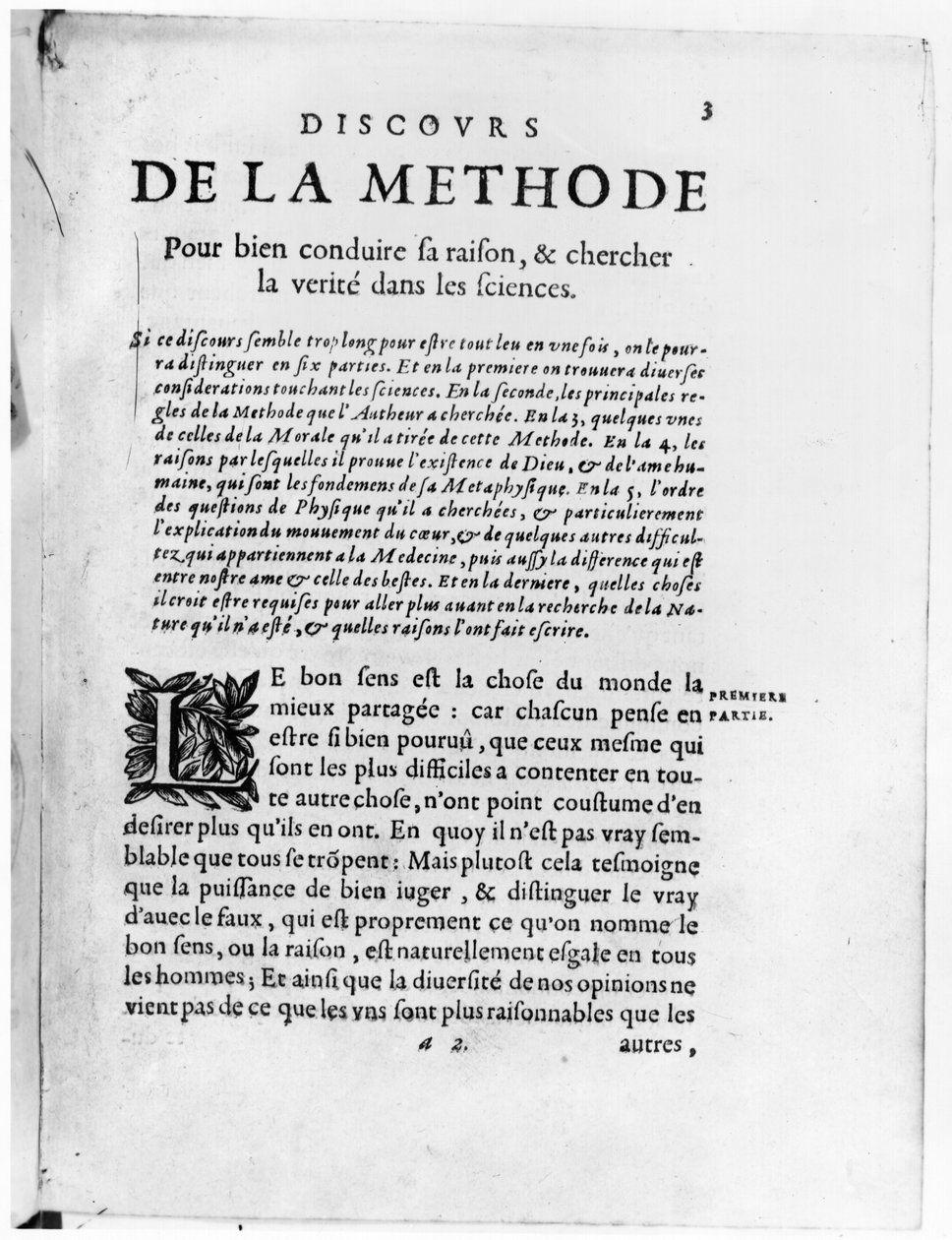 ルネ・デカルト（1596-1650）による「Discours de la Methode」の最初のページ 作： フランス語学校