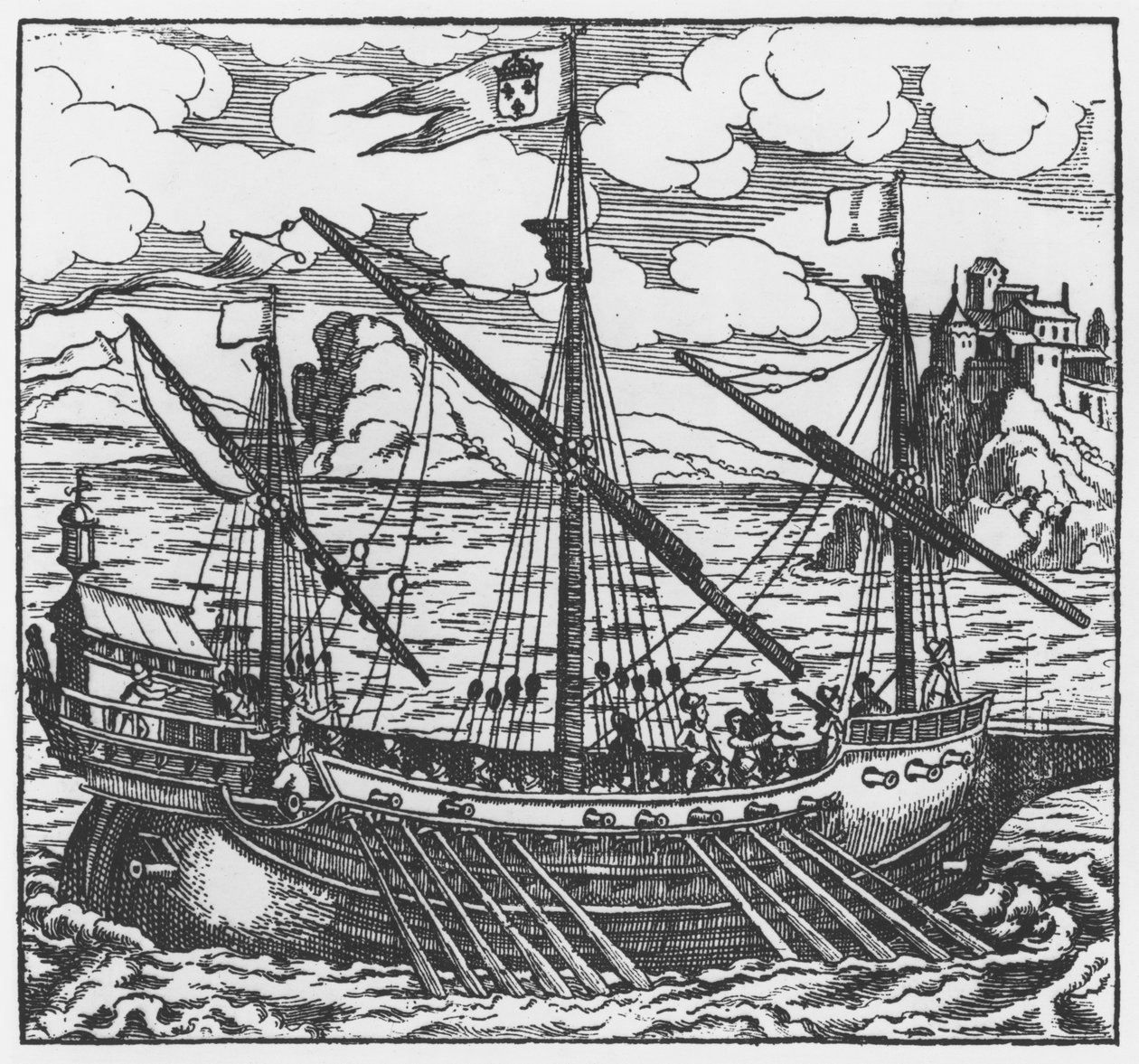 ルイ11世（1423-83）以降、レバントの港で操縦するフランスのギャレー（木版） 作： フランス語学校