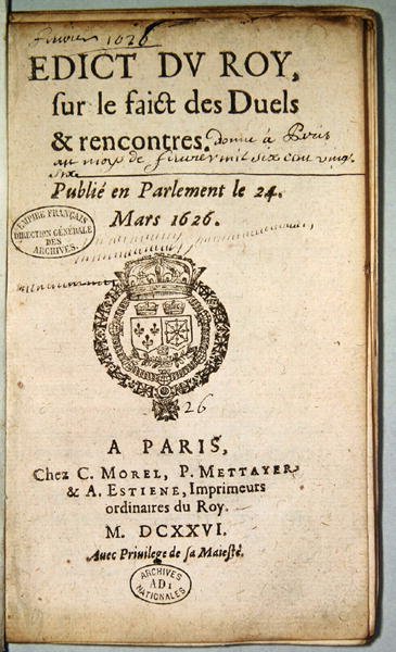 1626年3月、ルファイクトデデュエルエレンコントルのエディクトデュロイの口絵（印刷） 作： フランス語学校