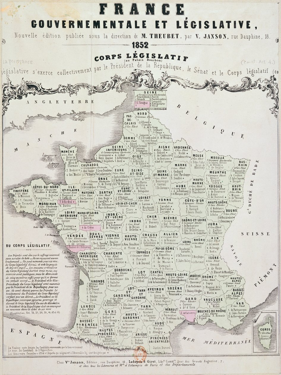 1852年、パリのLedoyen und Giretによって印刷されたフランスの政府および立法の地図 作： フランス語学校