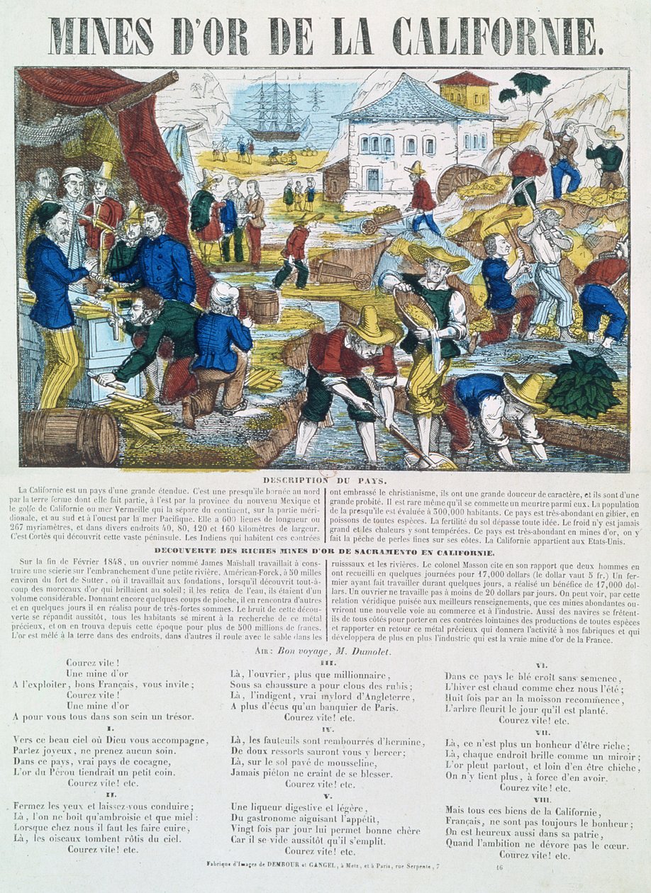 「Mines d&39;Or de la Californie」の歌詞と履歴シートのイラスト 作： フランス語学校