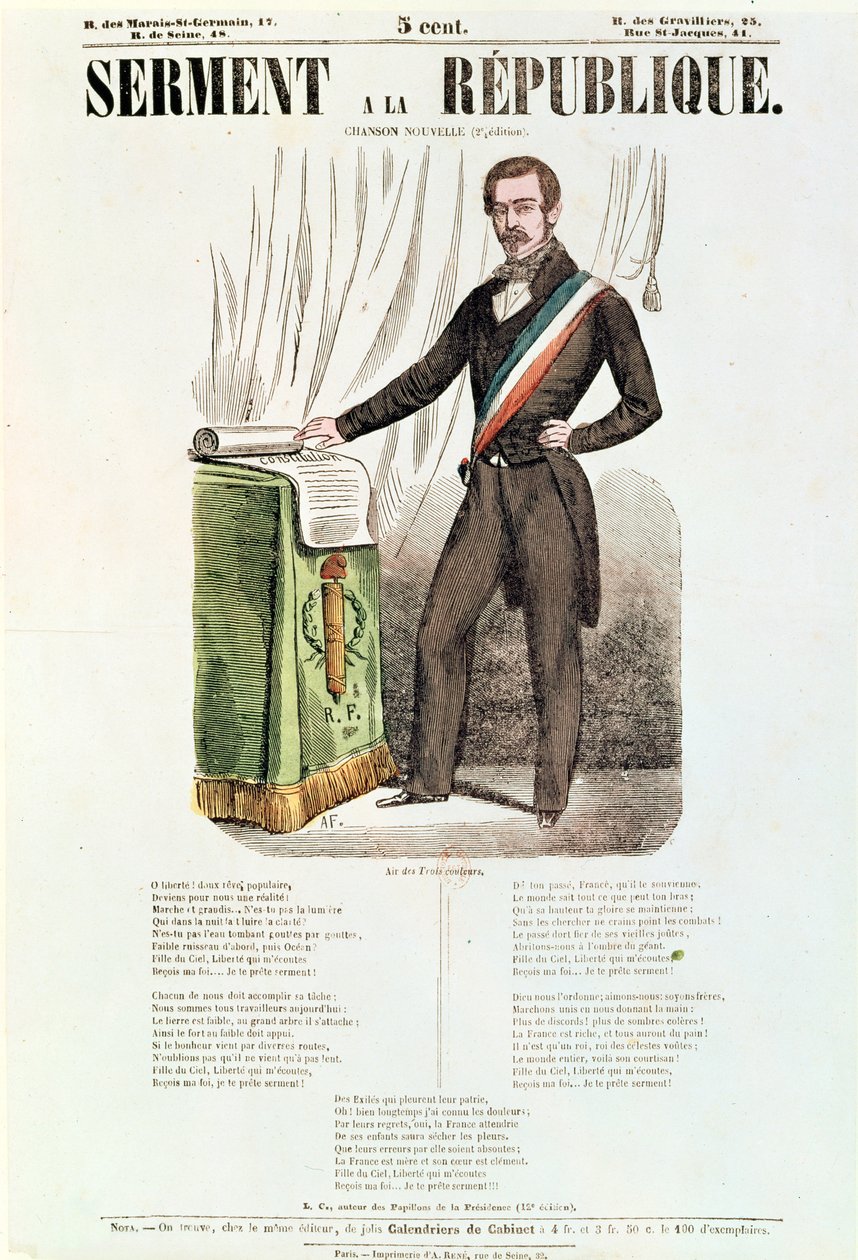 「Serment a la Republique」のイラスト入りの歌詞シート、c.1848-52 作： フランス語学校