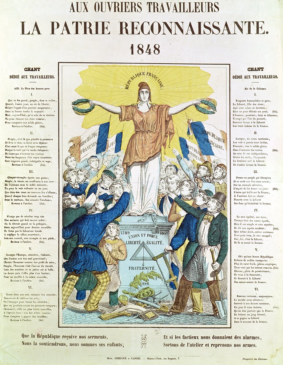 労働者に捧げられた歌のイラスト入りの歌詞シート、1848 作： フランス語学校
