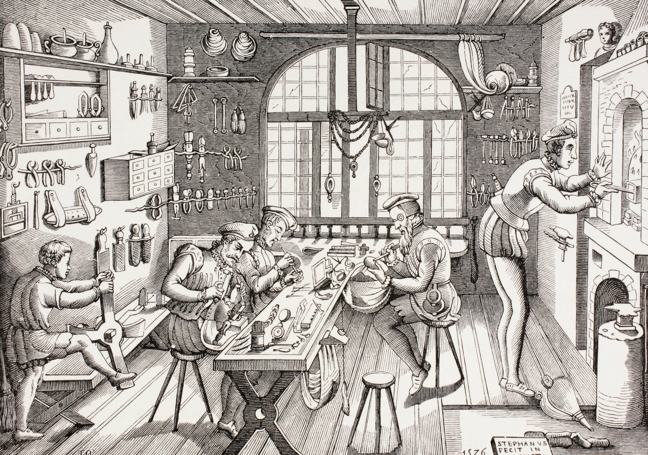 1873年に出版された「Les Arts au Moyen Age」からのエティエンヌドローヌのワークショップの内部 作： フランス語学校