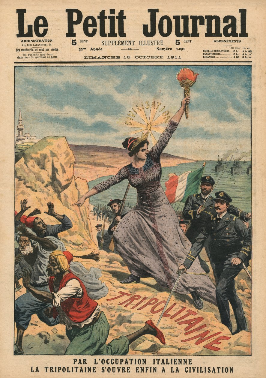 トリポリタニアに文明を提供しているイタリア、「ルプチジャーナル」の挿絵、挿絵、1911年10月15日 作： フランス語学校