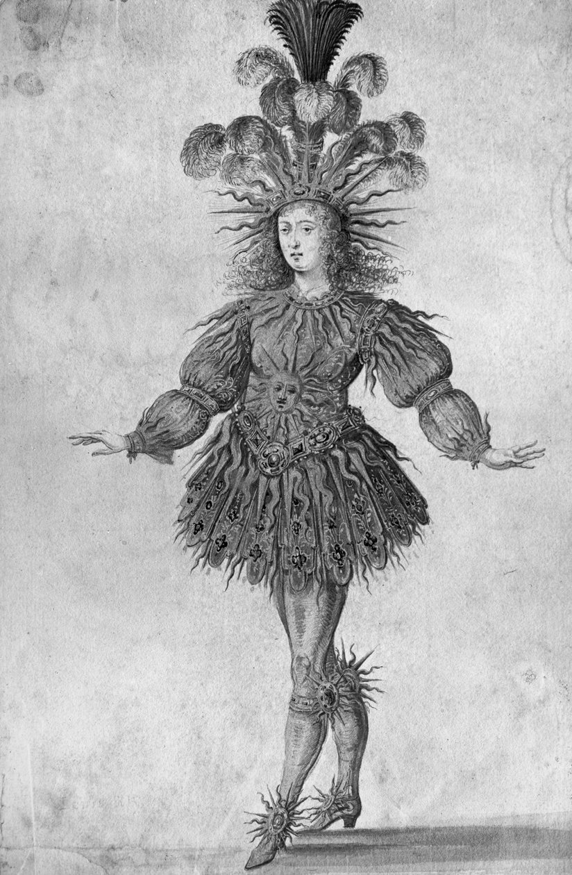 バレエ「ラニュイ」の太陽王の衣装を着たフランスのルイ14世王、1653年 作： フランス語学校