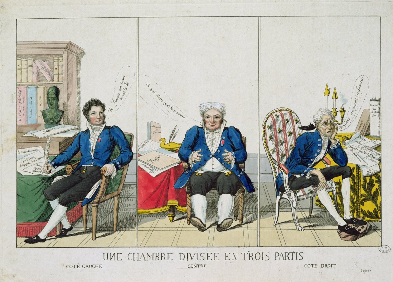 3つの党に分かれた商工会議所、国会の風刺画、1819 作： フランス語学校