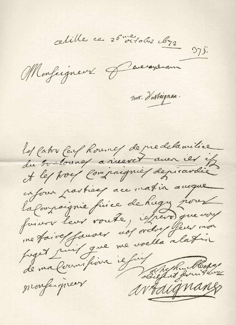 1672年付けの軍事問題に関するダルタニャンからルーヴォワへの手紙、1928年発行の「シャルルドバツカステルモアコンテダルタニャンの回想録」から 作： フランス語学校